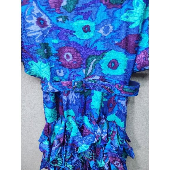 Vintage Gillian Silk Floral Print Ruffle Dress With Belt Size 14 Purple & Blue 3 - Picture 2 of 5